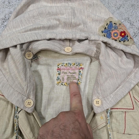 Free People Jacket Women's 8 Tan Linen Button Up Hood Embroidery Belted Y2K - Picture 3 of 7
